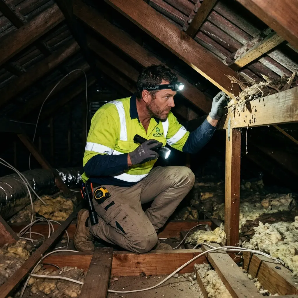 Technician inspecting a roof cavity for a dead animal in Bonbeach